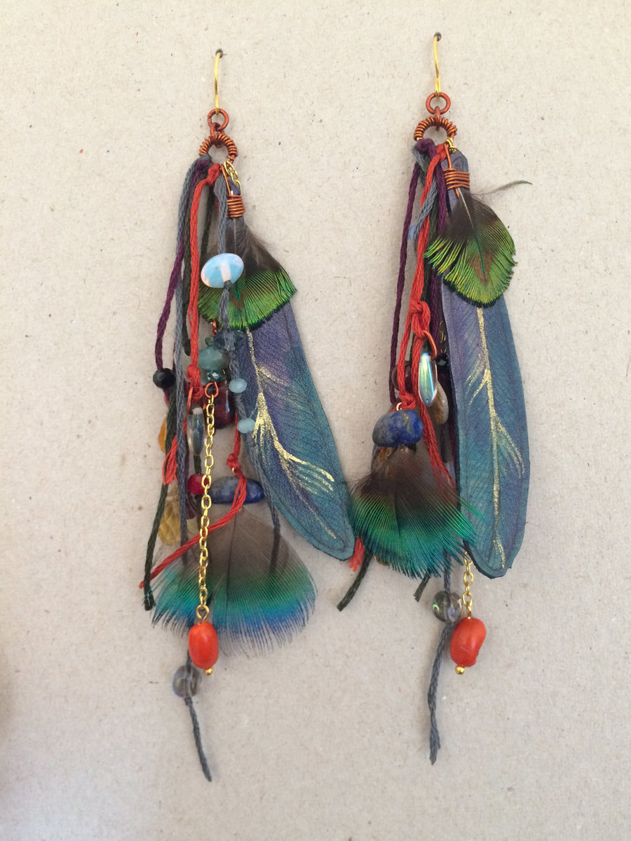  Peacock and Leather Feather earrings